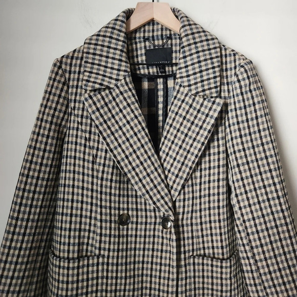 Banana Republic | Italian Double Faced Top Coat Camel/Black Plaid - Sz L Petite - Picture 5 of 15